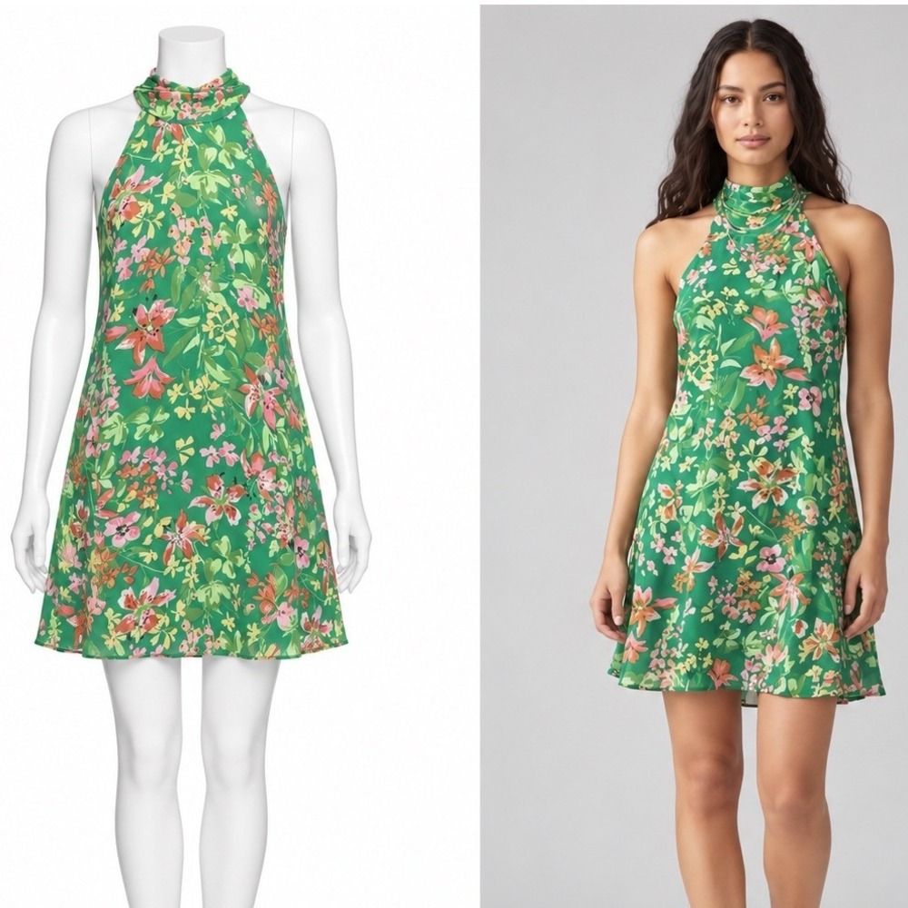 Vince Camuto Dress Womens 6 Green Floral Halter Sleeveless Back Tie Lined Mini